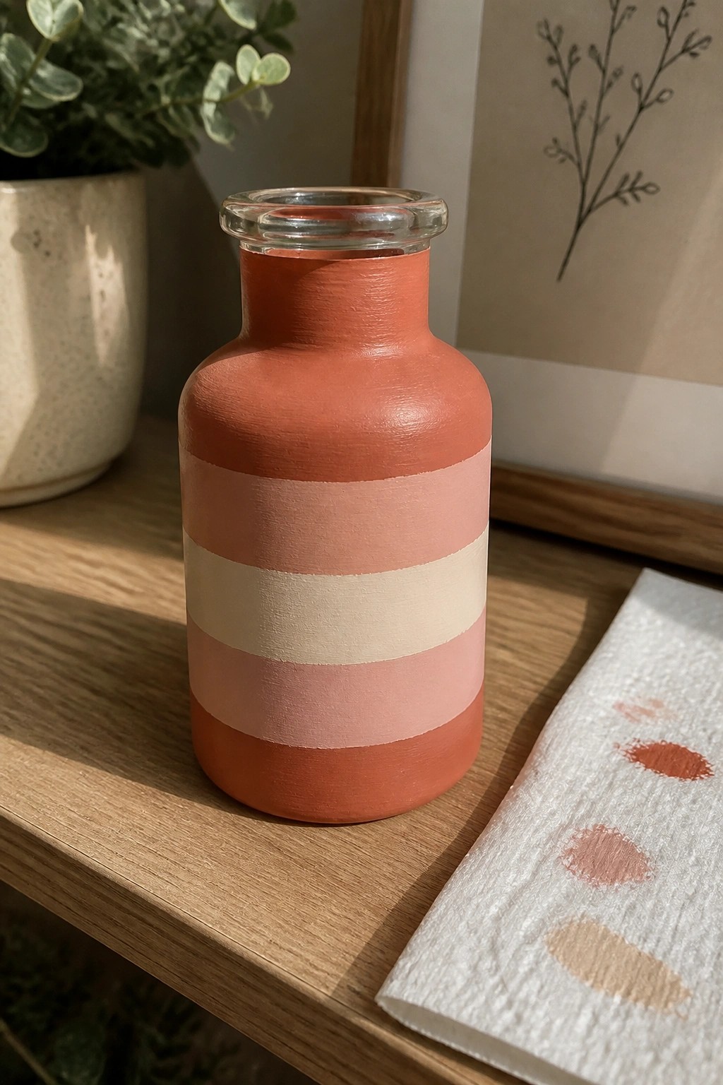 Painted glass bottle with coral pink and beige stripes beside paint swatches on wood