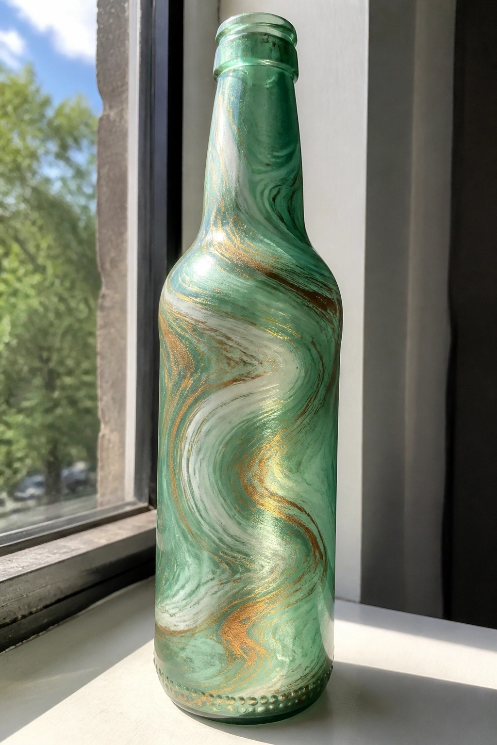 Marbled green glass bottle with white and gold swirls on windowsill