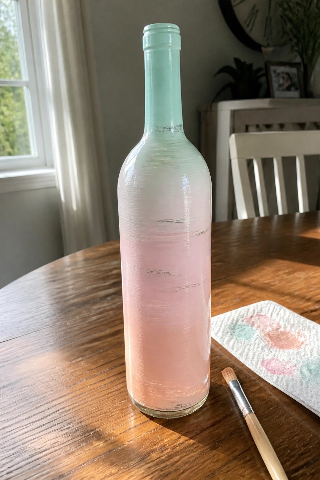 Mint green to pink gradient painted bottle on wooden table with brush