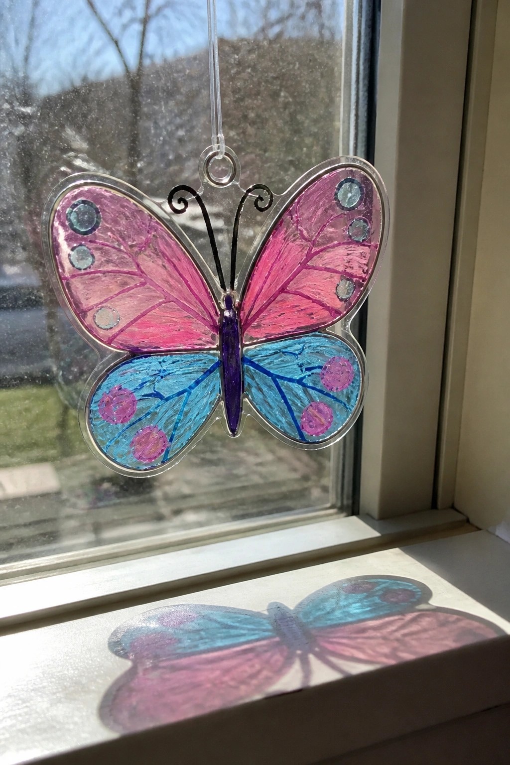 Vibrant pink and blue butterfly suncatcher hanging in window, casting shadow on sill.