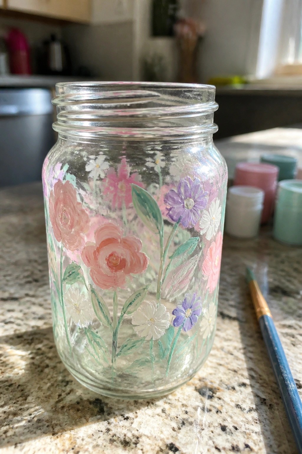 Glass mason jar with pink roses, purple and white flowers on kitchen counter