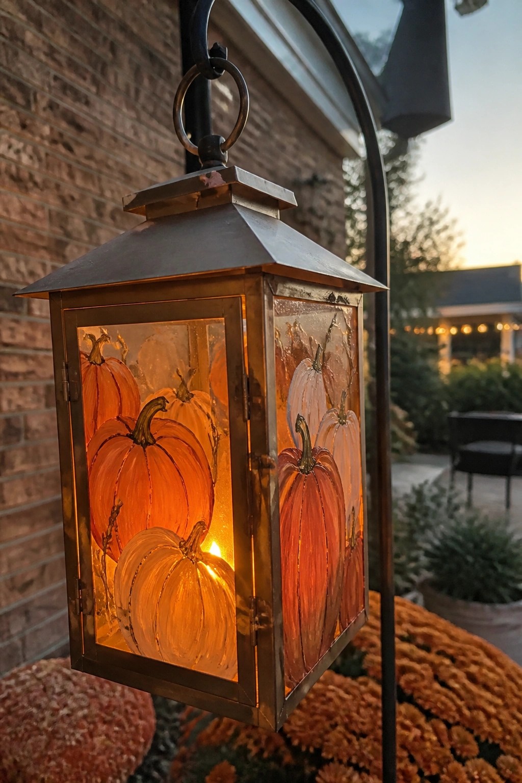 Hanging metal lantern glowing with painted pumpkins beside brick wall and orange flowers