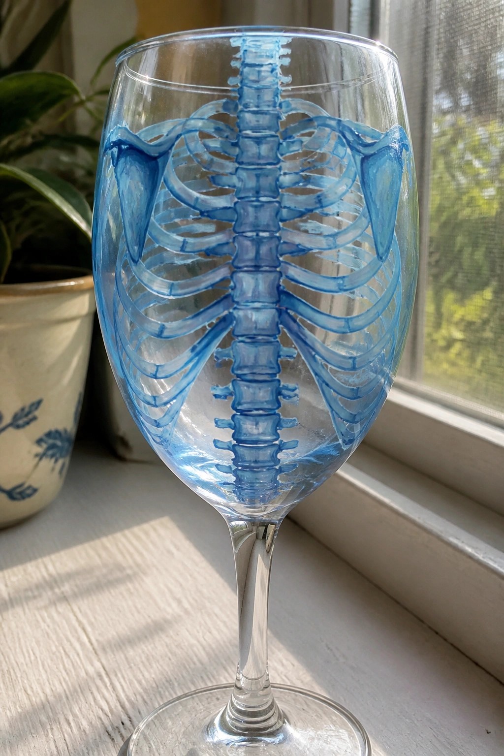 Clear wine glass with blue painted rib cage and spine skeleton design