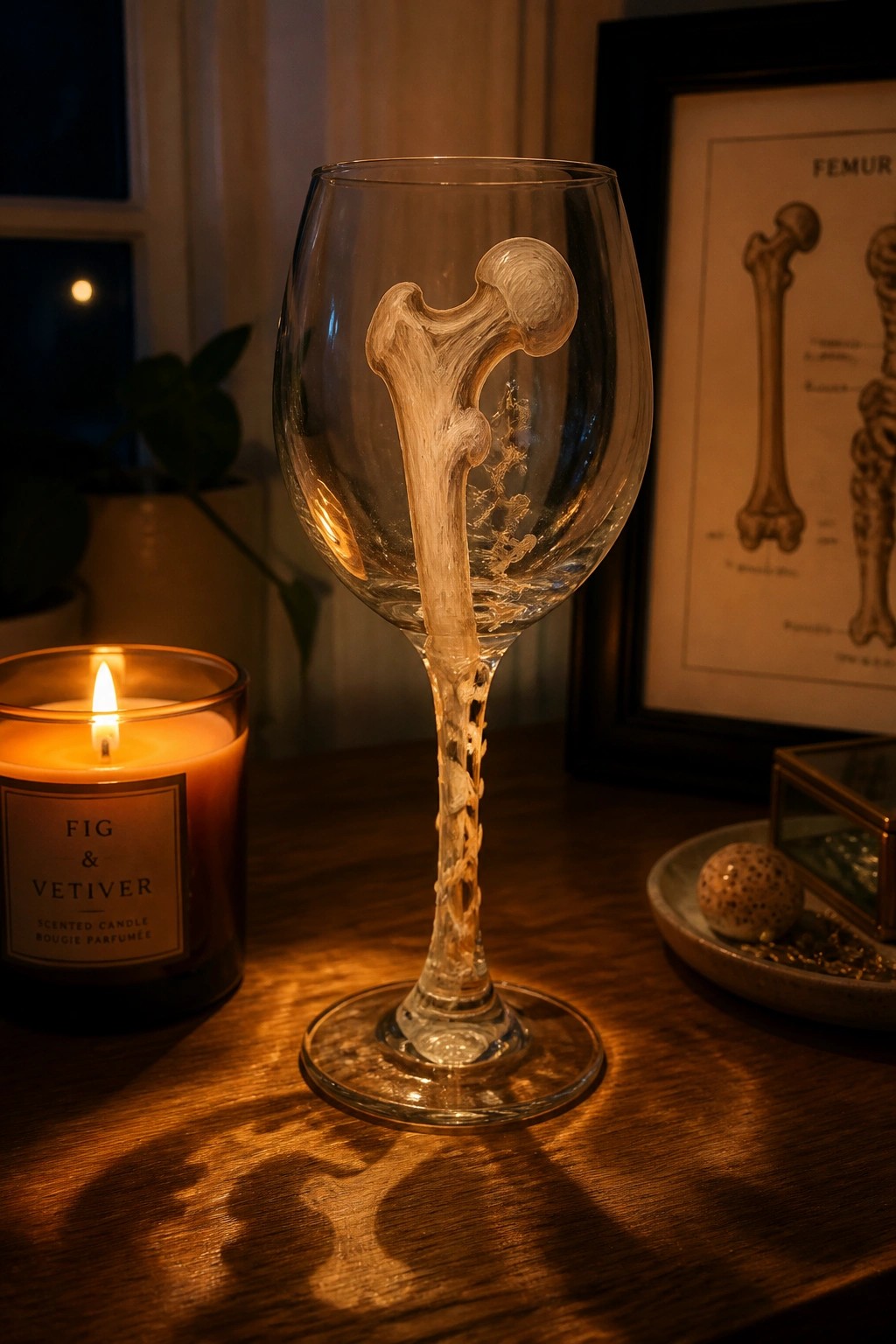 Wine glass with sculpted femur beside lit fig and vetiver candle on wood table.