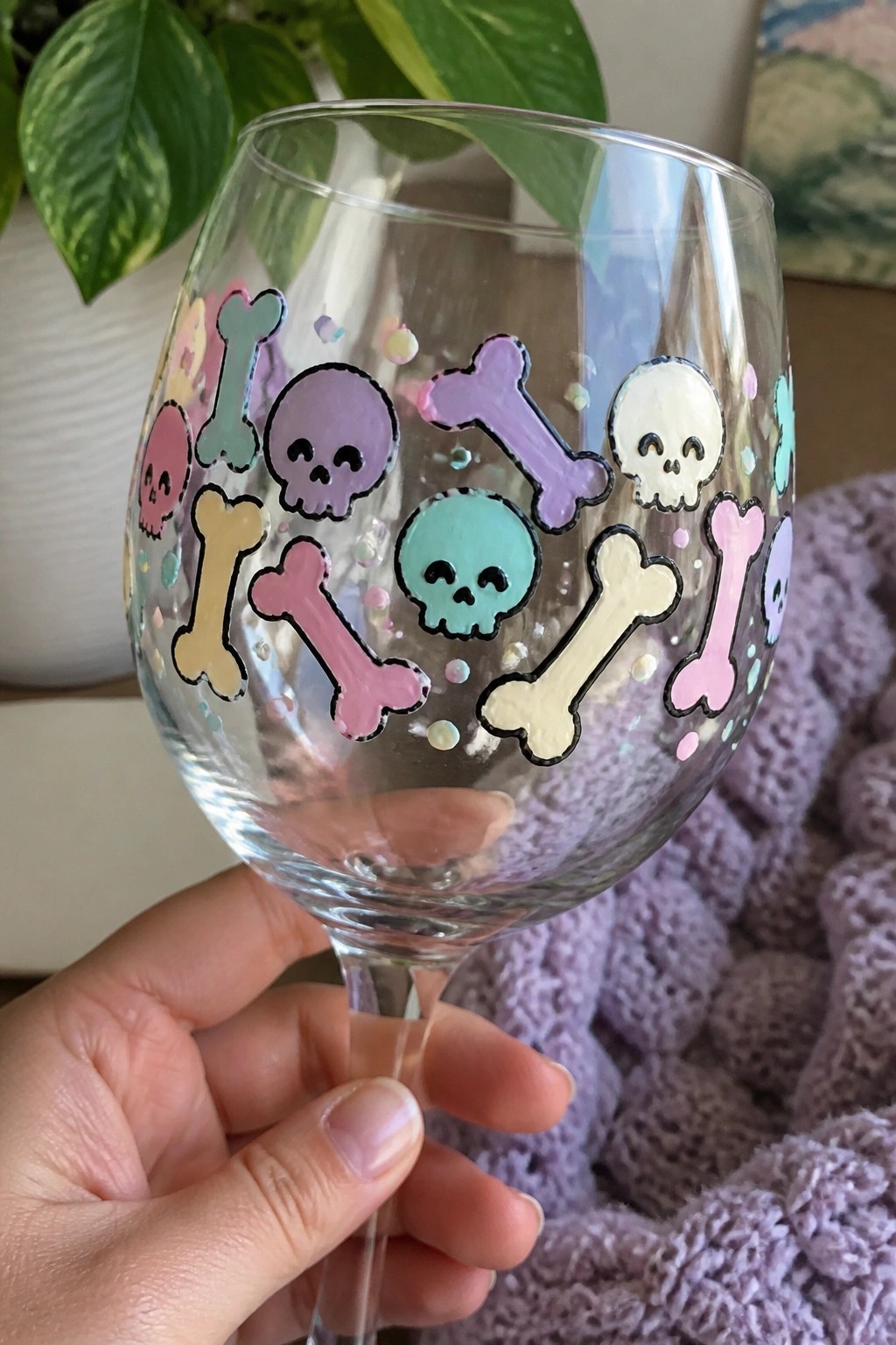 Hand holding wine glass decorated with pastel skulls and bones on stem