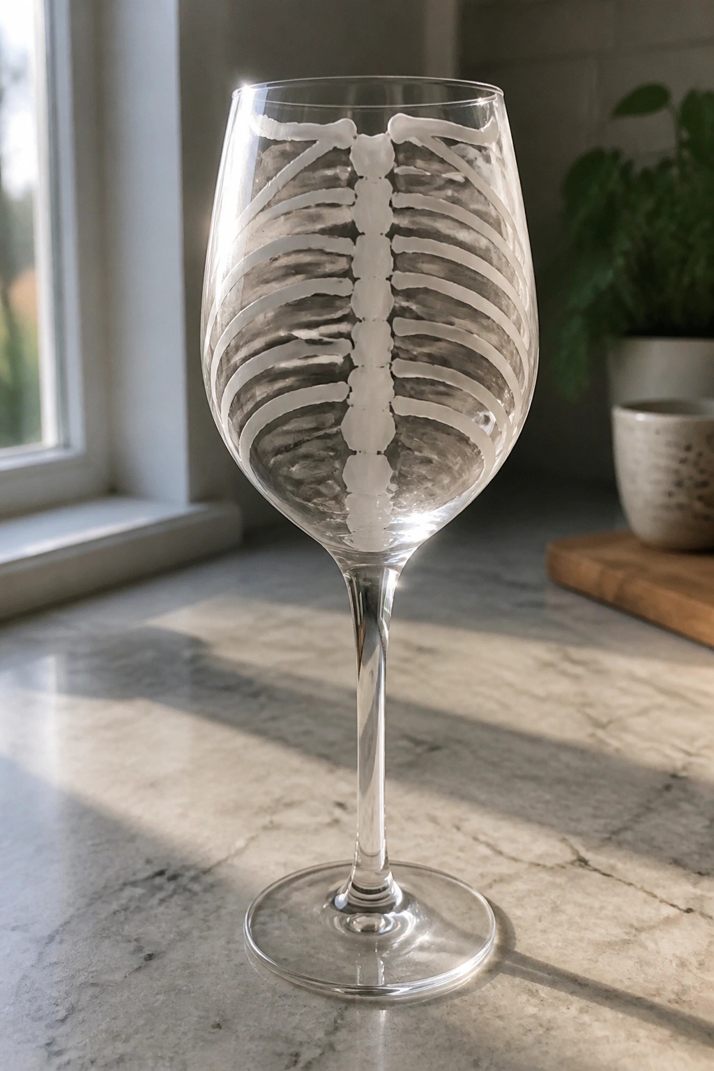 Wine glass with white skeletal ribcage design on marble countertop