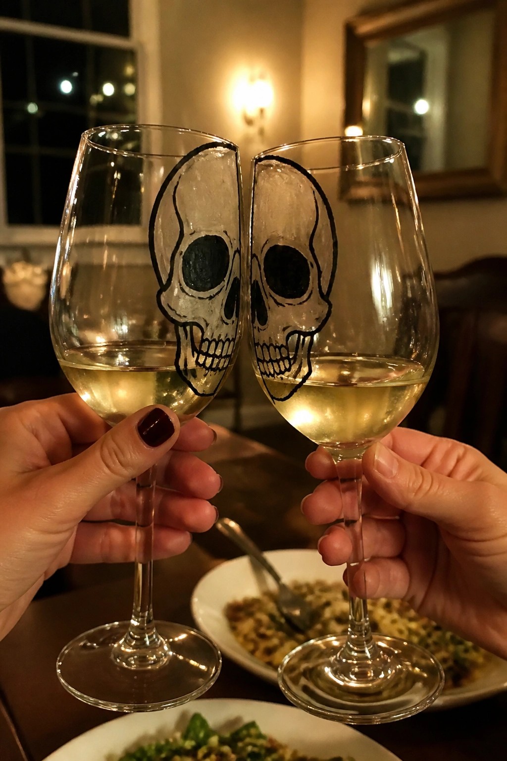 Hands clinking skull-decorated glasses of white wine over dinner plates