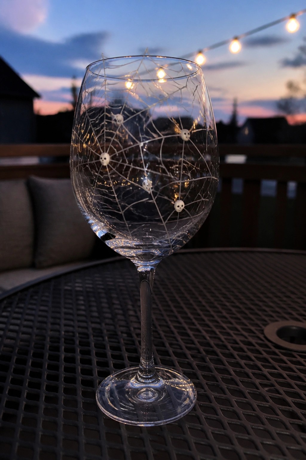Wine glass with spiderweb and skull decorations on mesh table at twilight