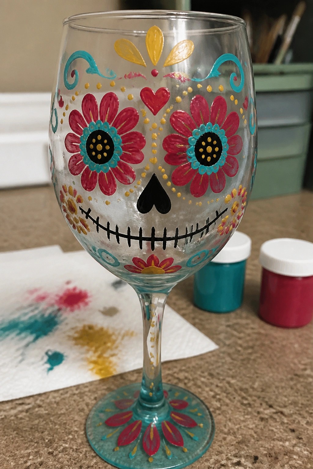Painted wine glass with colorful sugar skull, red flowers, and black heart nose