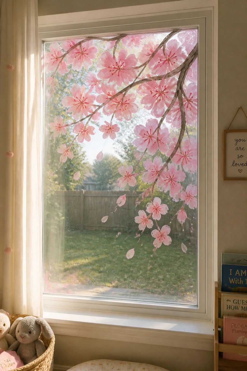 Window with pink cherry blossom decals overlooking sunny backyard, bunny and books nearby.