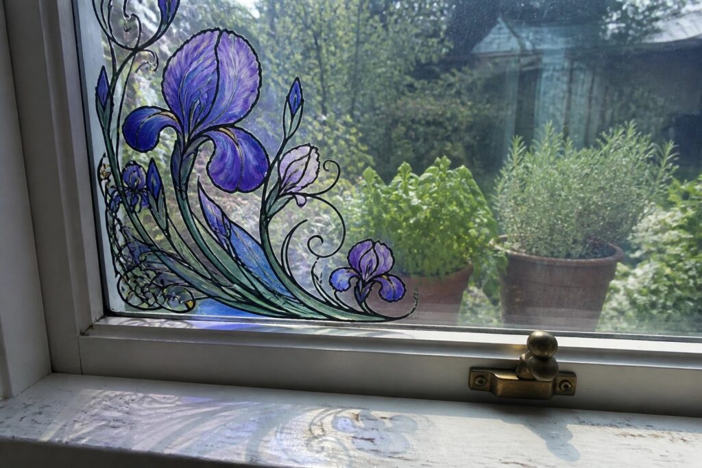 18 Timeless Art Nouveau Window Designs Inspired by Flowing Floral Lines Stained glass window with purple irises and green leaves on white frame overlooking garden.