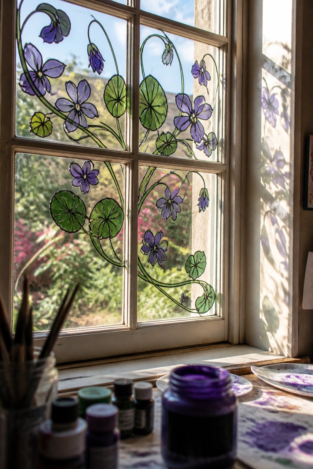 Stained glass purple flowers above paint jars, brushes, and palettes on windowsill.