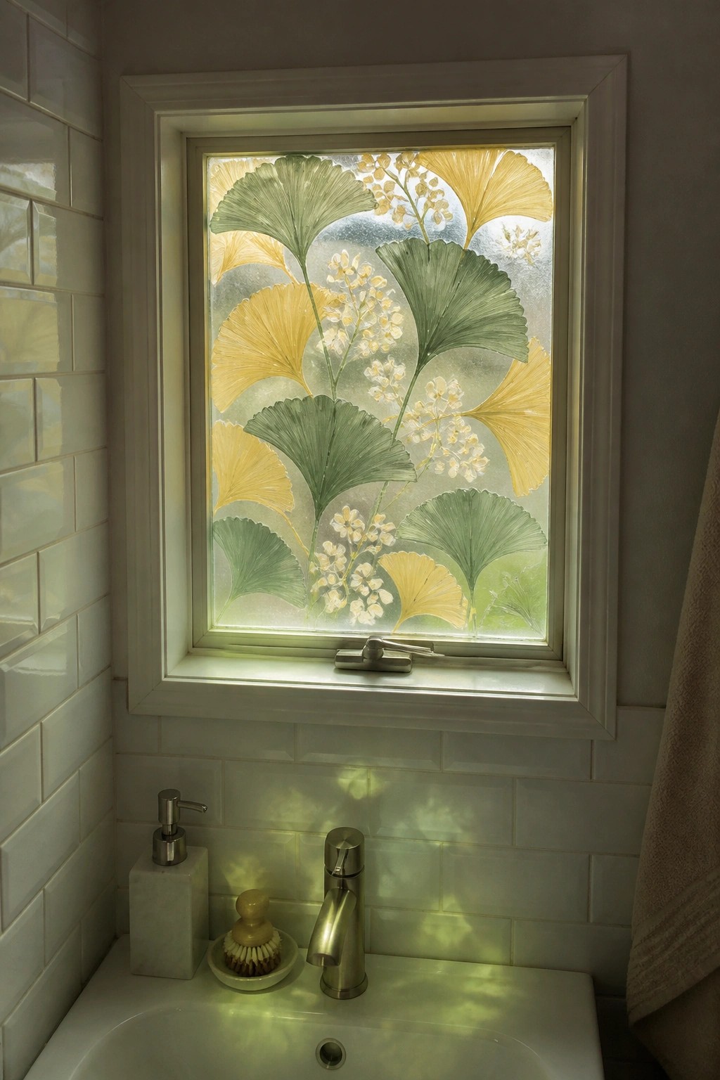 White sink beneath frosted window with green and yellow ginkgo leaf design