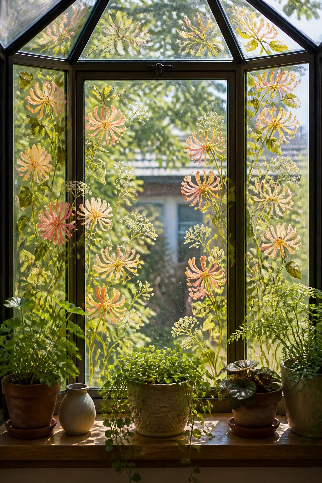 Sunlit windowsill with potted plants below glass etched with colorful flowers.