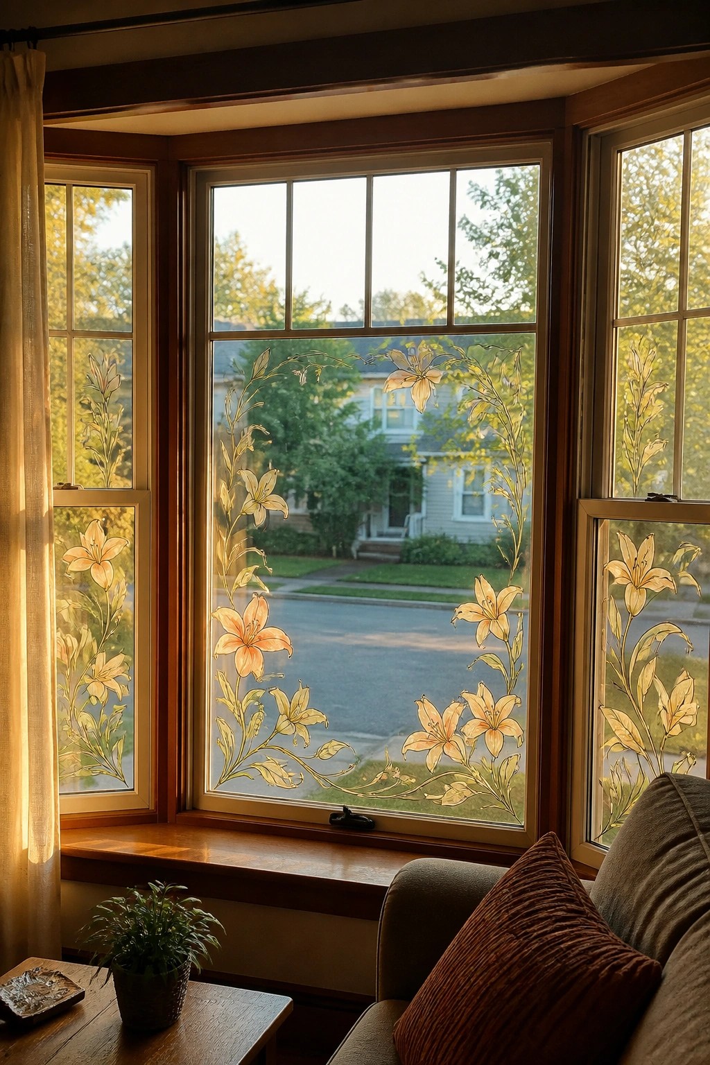 Sunlit bay window etched with lilies overlooking suburban street and wooden sill