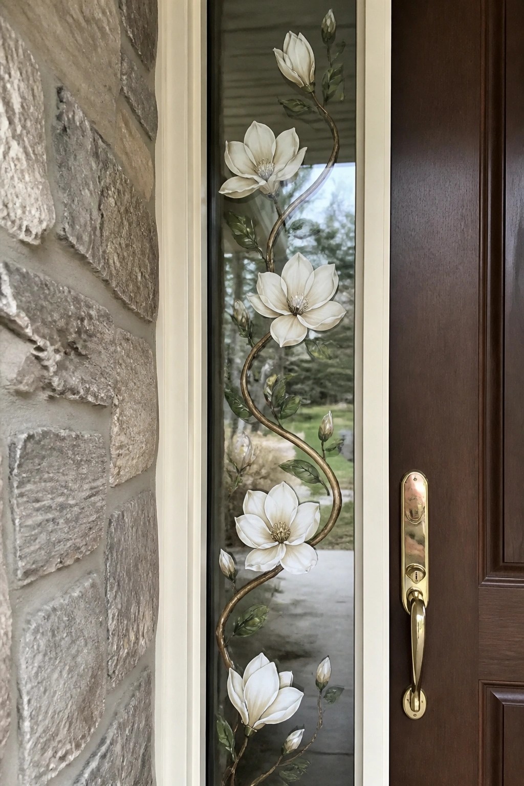 A narrow vertical glass panel beside a brown door is painted with white flowers and a curving stem next to a stone wall.