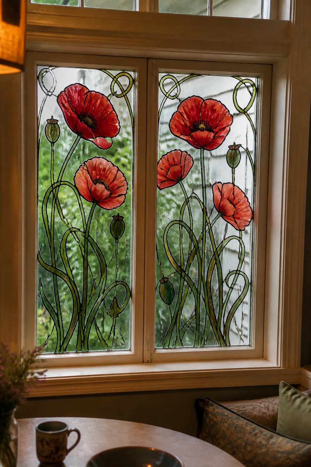 Stained glass window with red poppies in wooden frame above table with mug