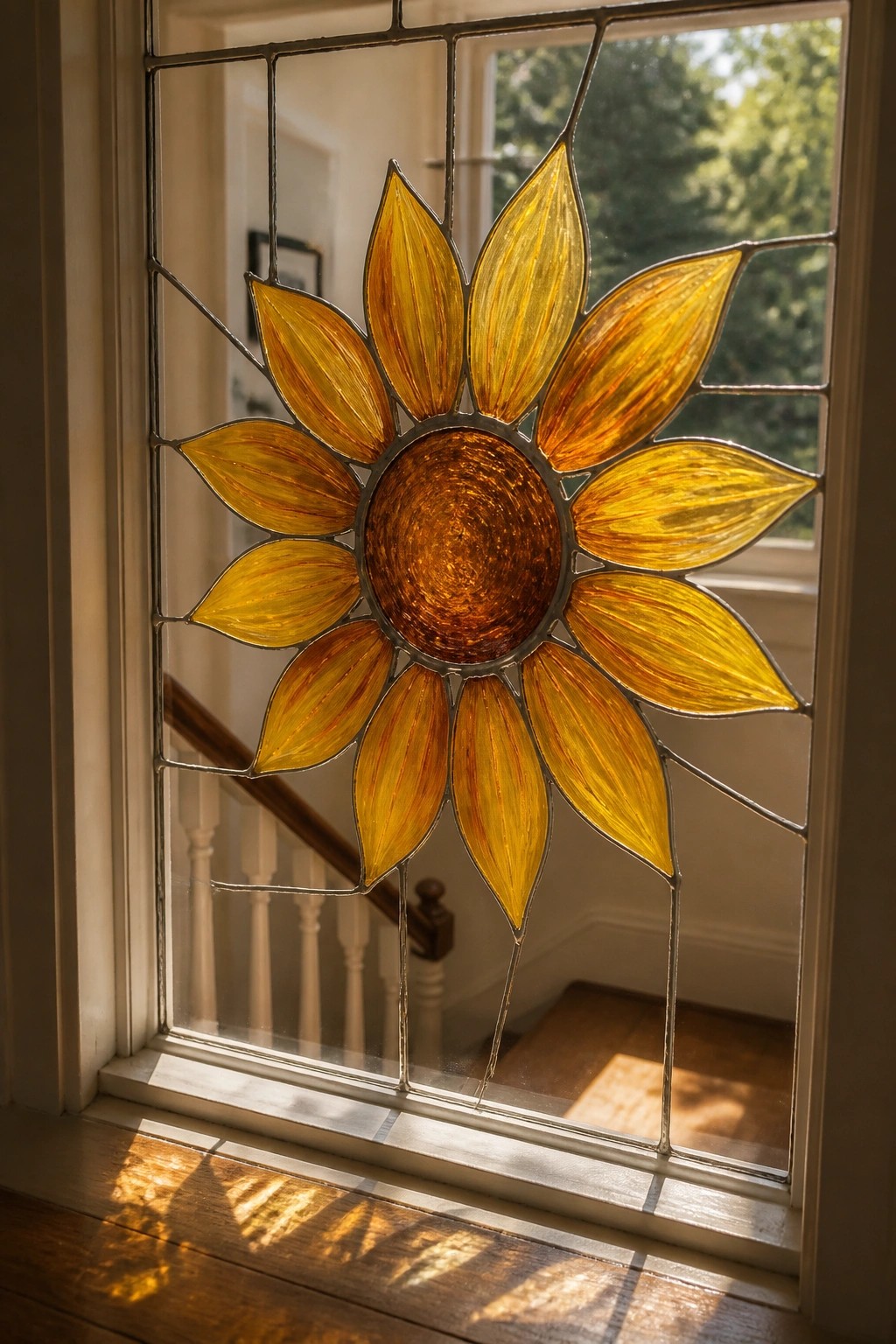 Yellow-orange stained glass sunflower in sunlit window casting shadows on floor