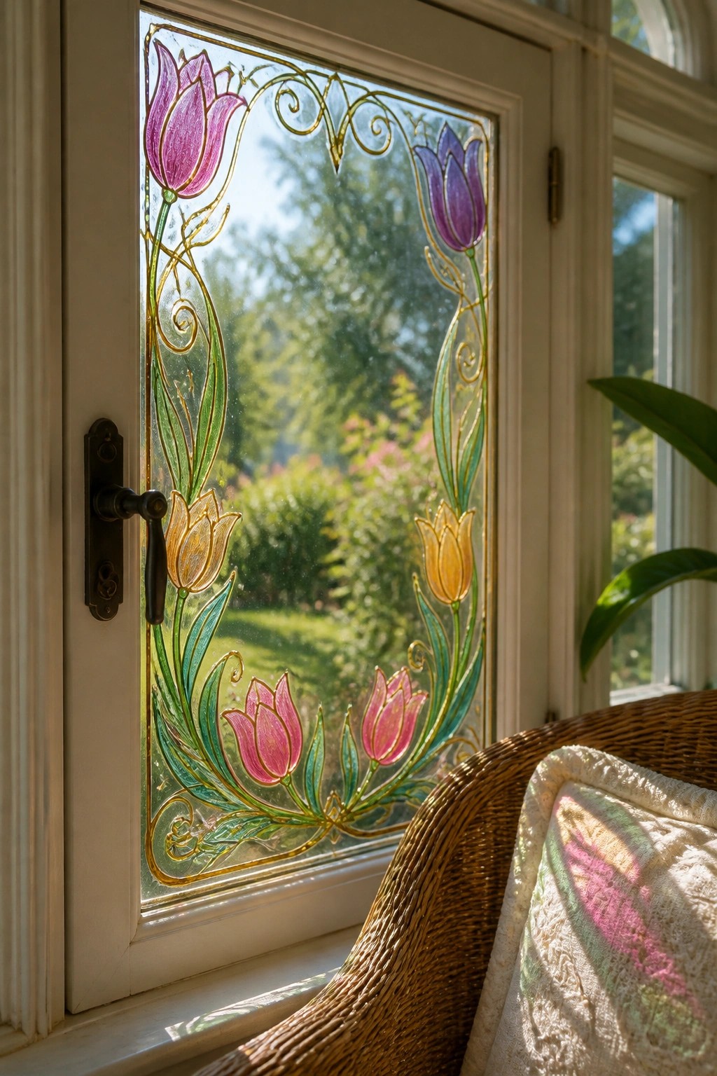 Stained glass tulip window with wicker chair in sunlit garden view