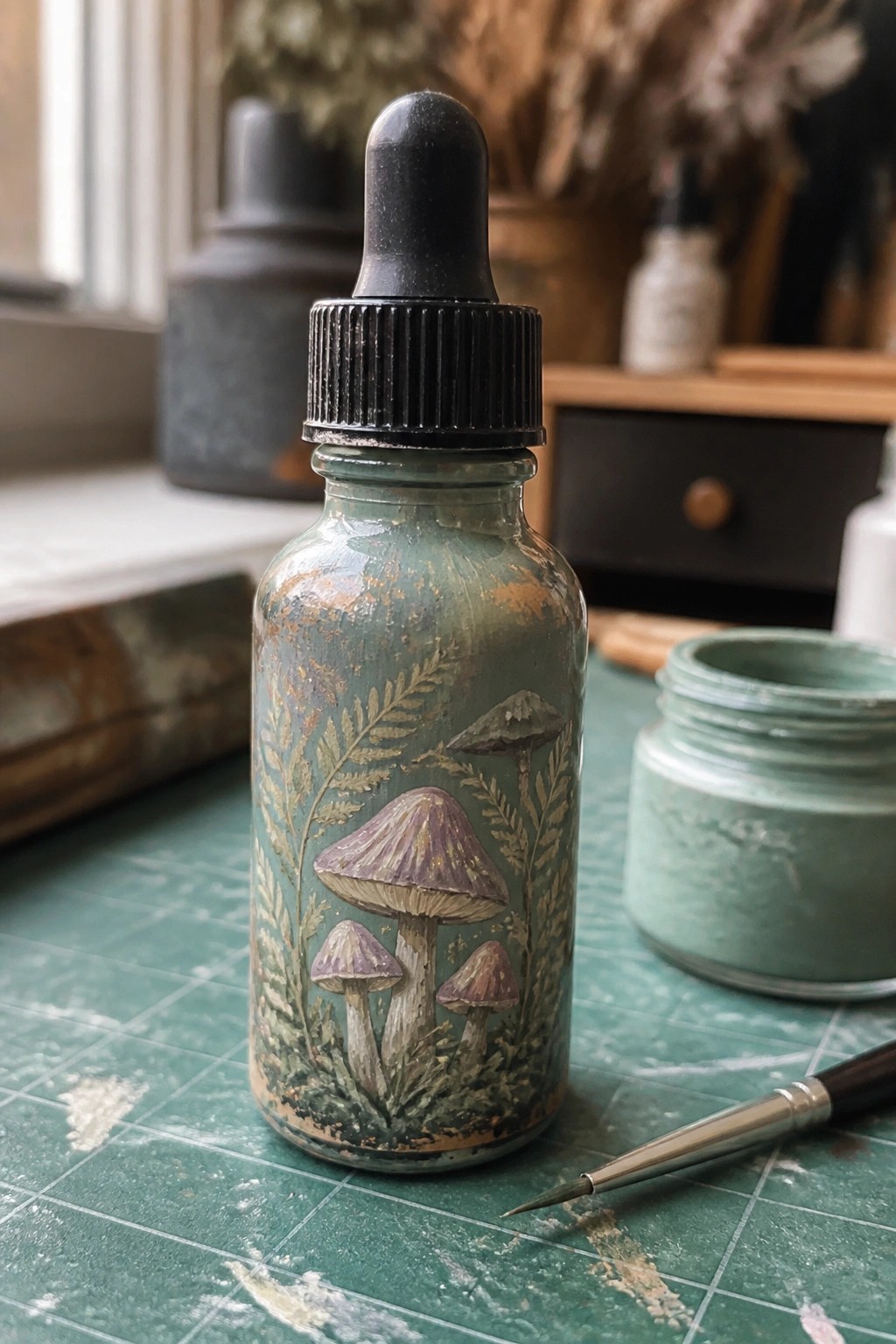 Hand-painted green dropper bottle with purple mushrooms and ferns beside paintbrush and jar