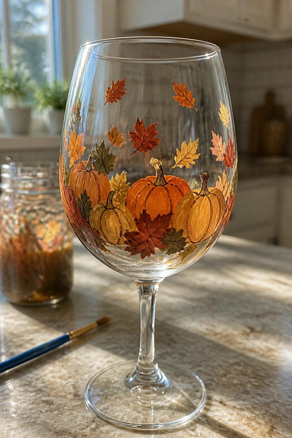 Hand-painted wine glass with orange pumpkins and colorful autumn leaves on marble counter