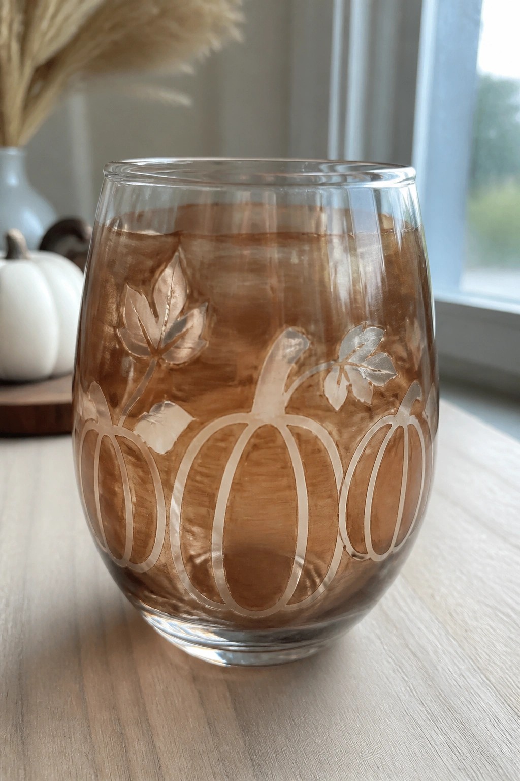 Stemless glass etched with copper pumpkins and leaves, filled with iced coffee.