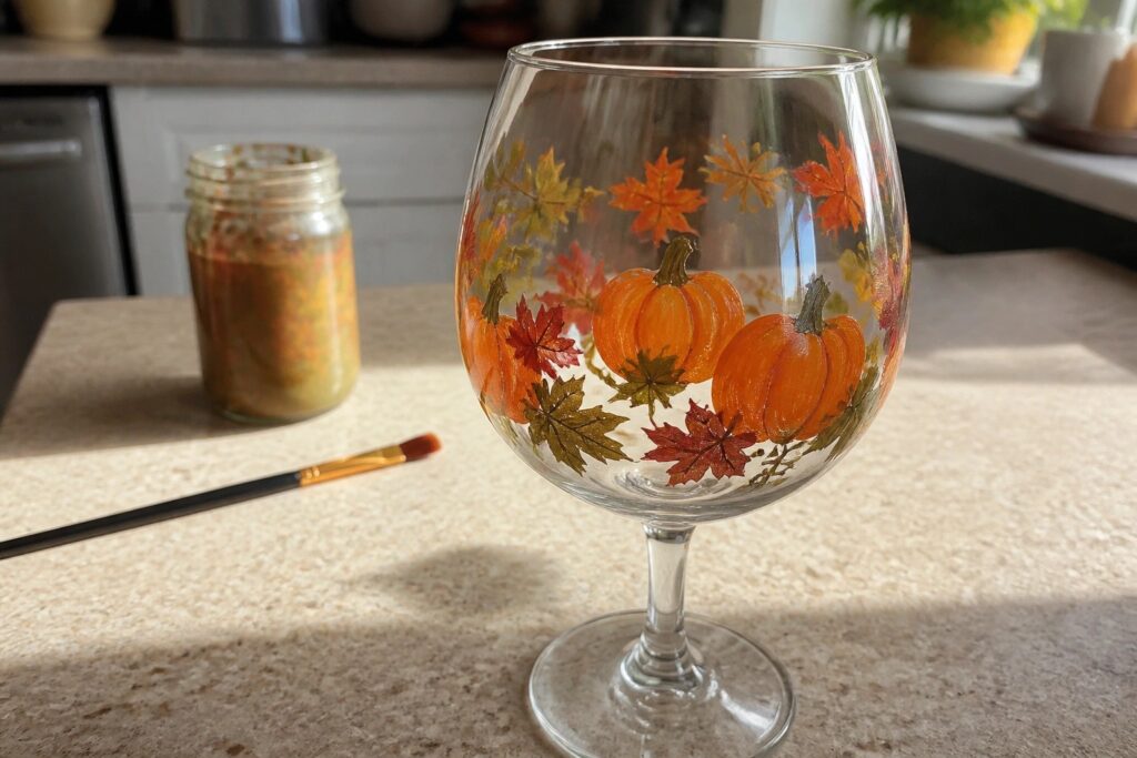 18 Beautiful Fall Wine Glass Painting Ideas Built Around Pumpkins and Leaves Hand-painted wine glass with orange pumpkins and colorful autumn leaves on marble counter