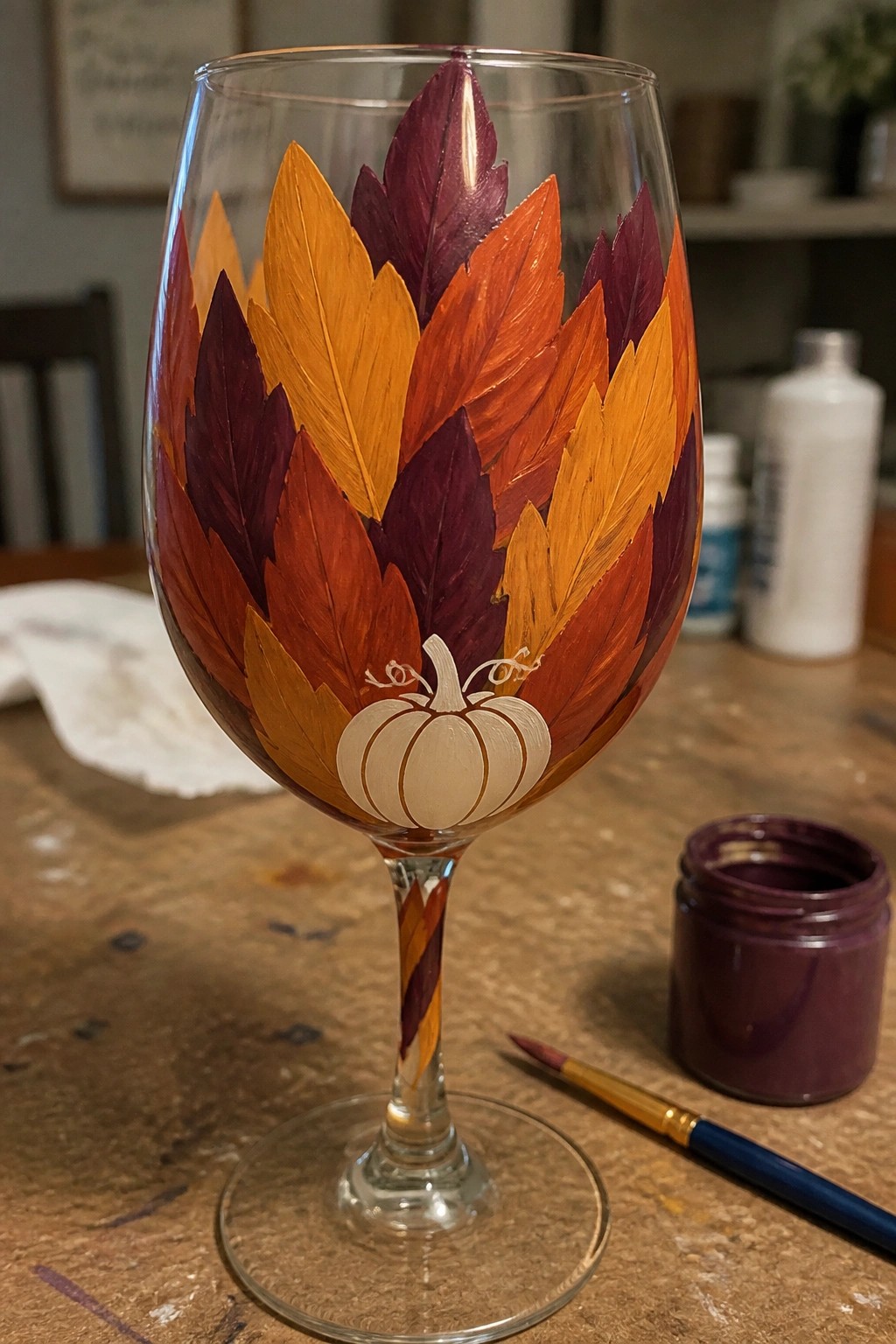 Painted wine glass with autumn leaves in orange and red, white pumpkin on wooden table.