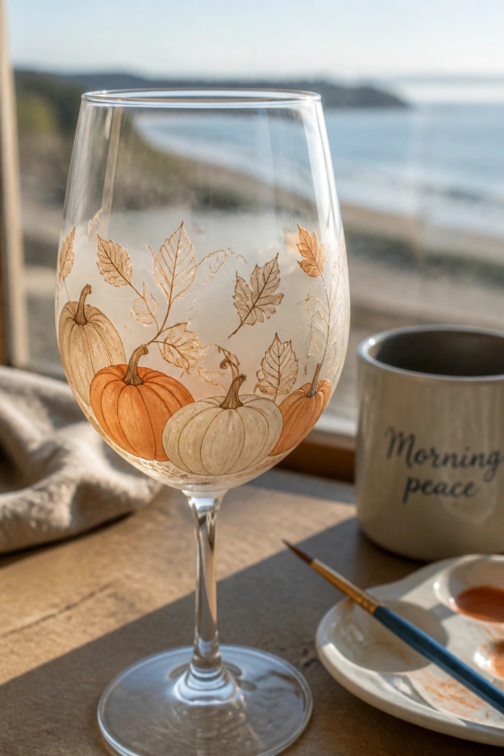 Wine glass hand-painted with orange pumpkins, leaves, paintbrush, and palette by window