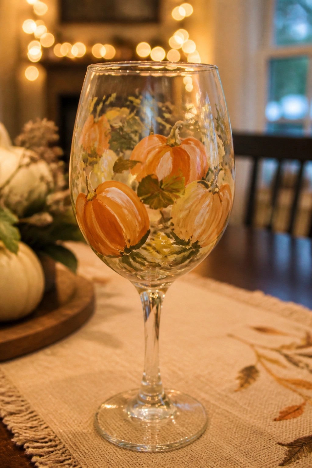 Painted wine glass with orange pumpkins on burlap runner amid autumn decor