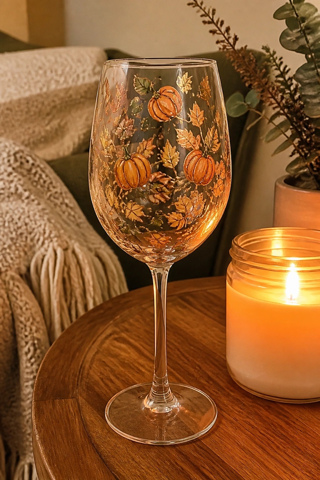 Wine glass painted with pumpkins and autumn leaves beside a lit candle.