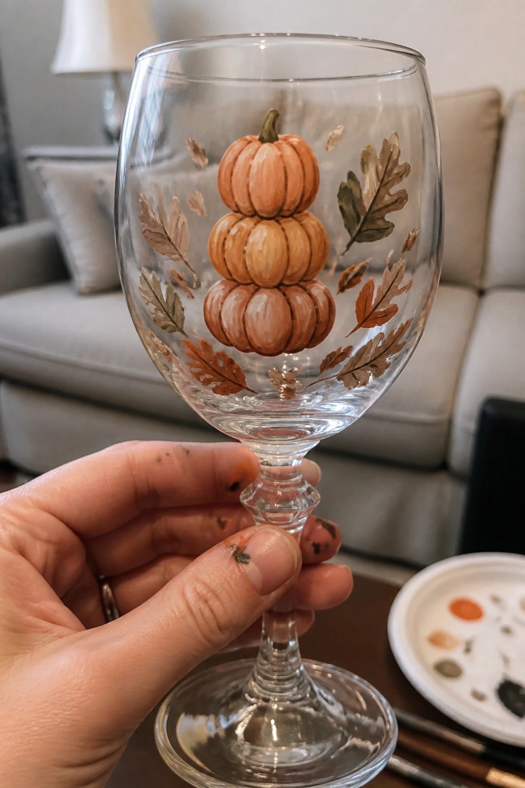 Paint-stained hand holding wine glass painted with stacked pumpkins and autumn leaves