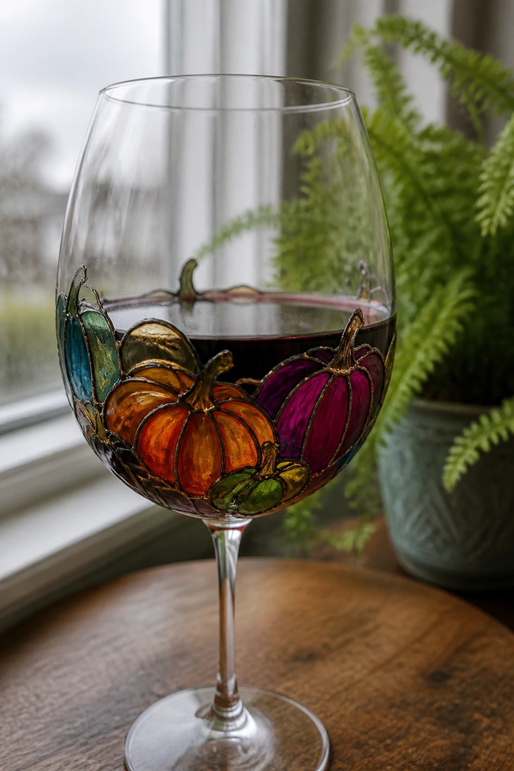 Stained-glass wine glass with colorful pumpkins, filled with red wine on wooden table.