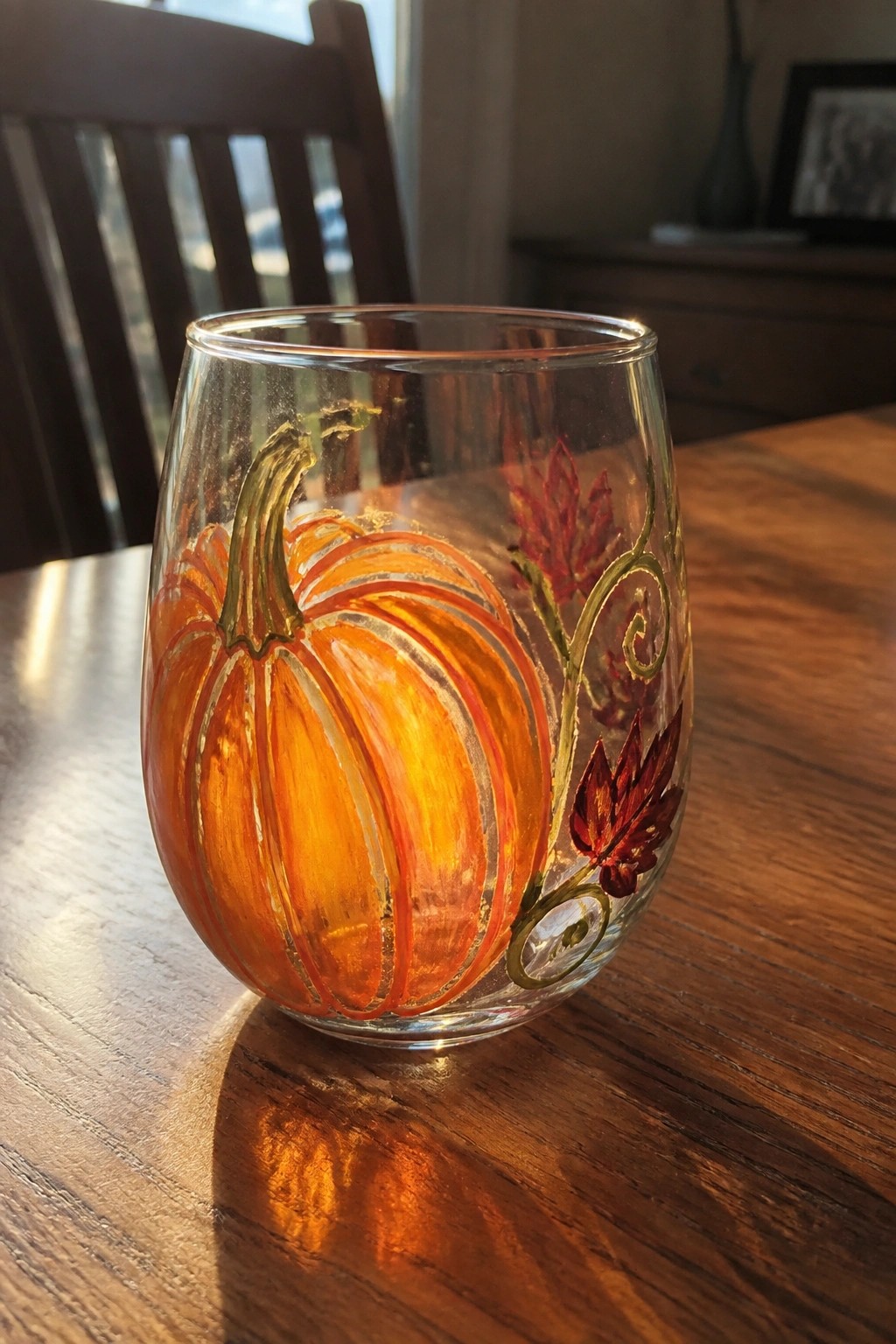 Stemless glass painted with orange pumpkins and red autumn leaves on wooden table