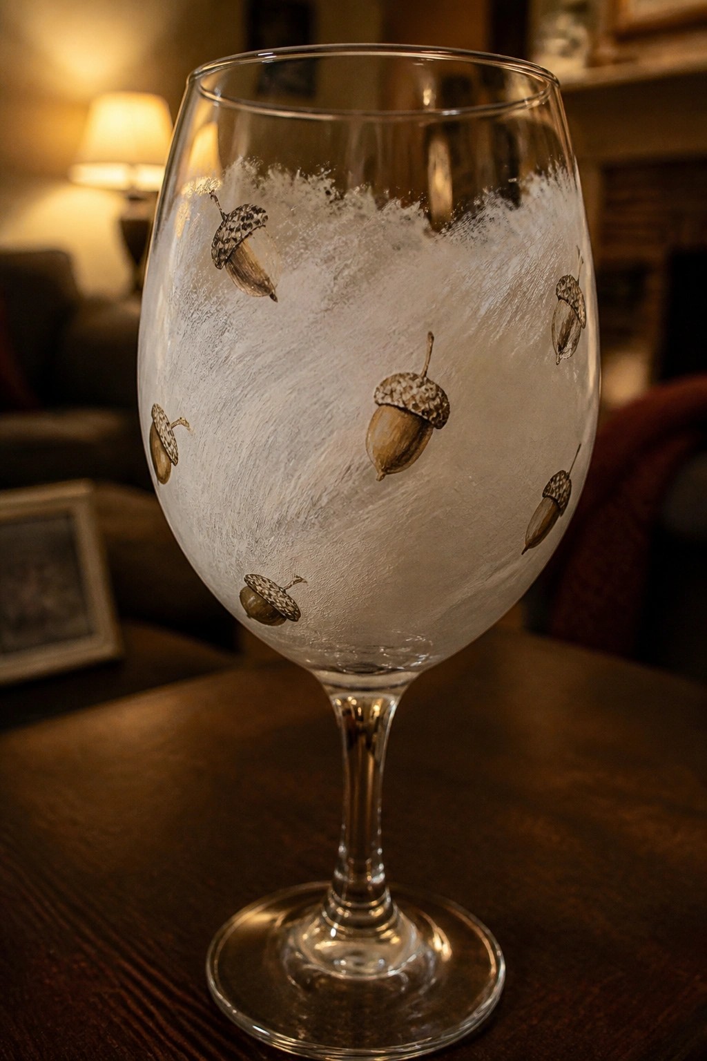 Stemmed wine glass with acorn designs on frosted white band atop wooden table