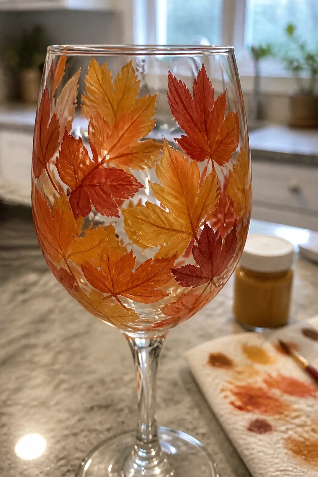Wine glass hand-painted with autumn maple leaves in orange and red hues
