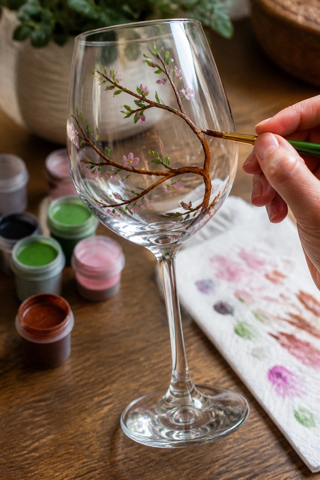 Hand painting brown branches with pink flowers on a clear wine glass
