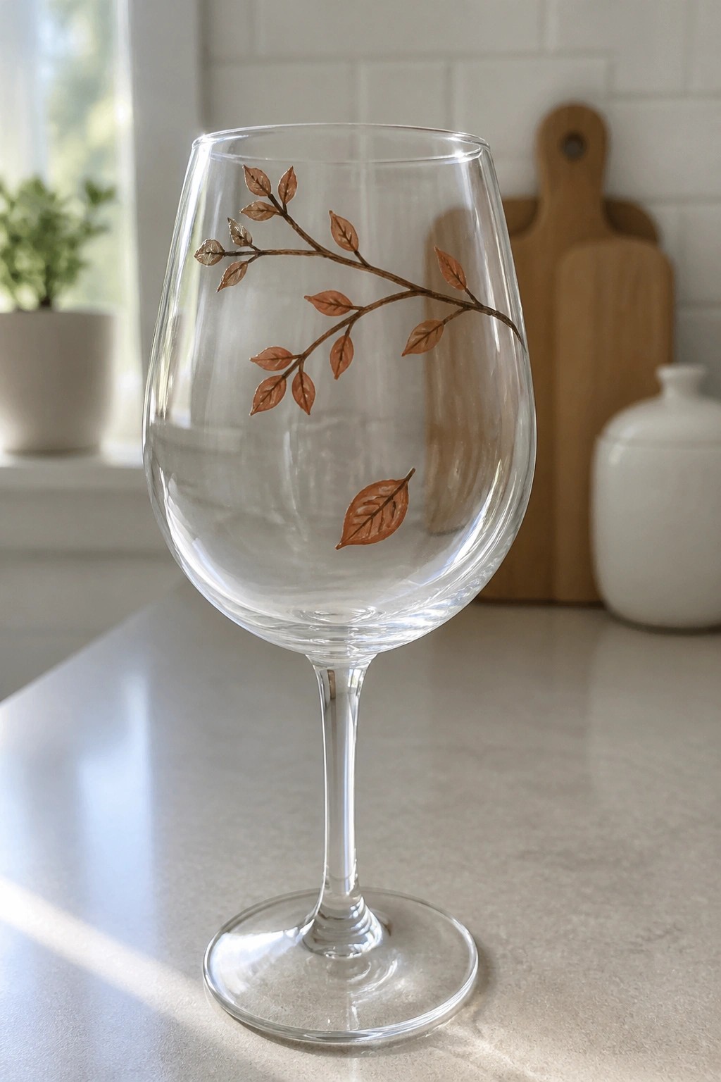 Stemmed clear wine glass with brown leaf branch design on white countertop
