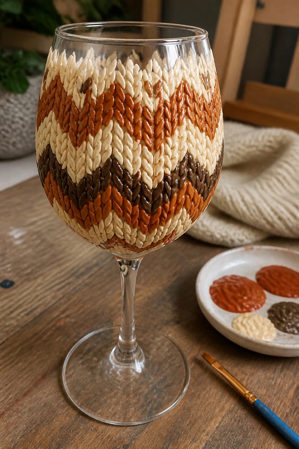 Wine glass decorated with chevron-patterned rice grains in earth tones beside paint palette