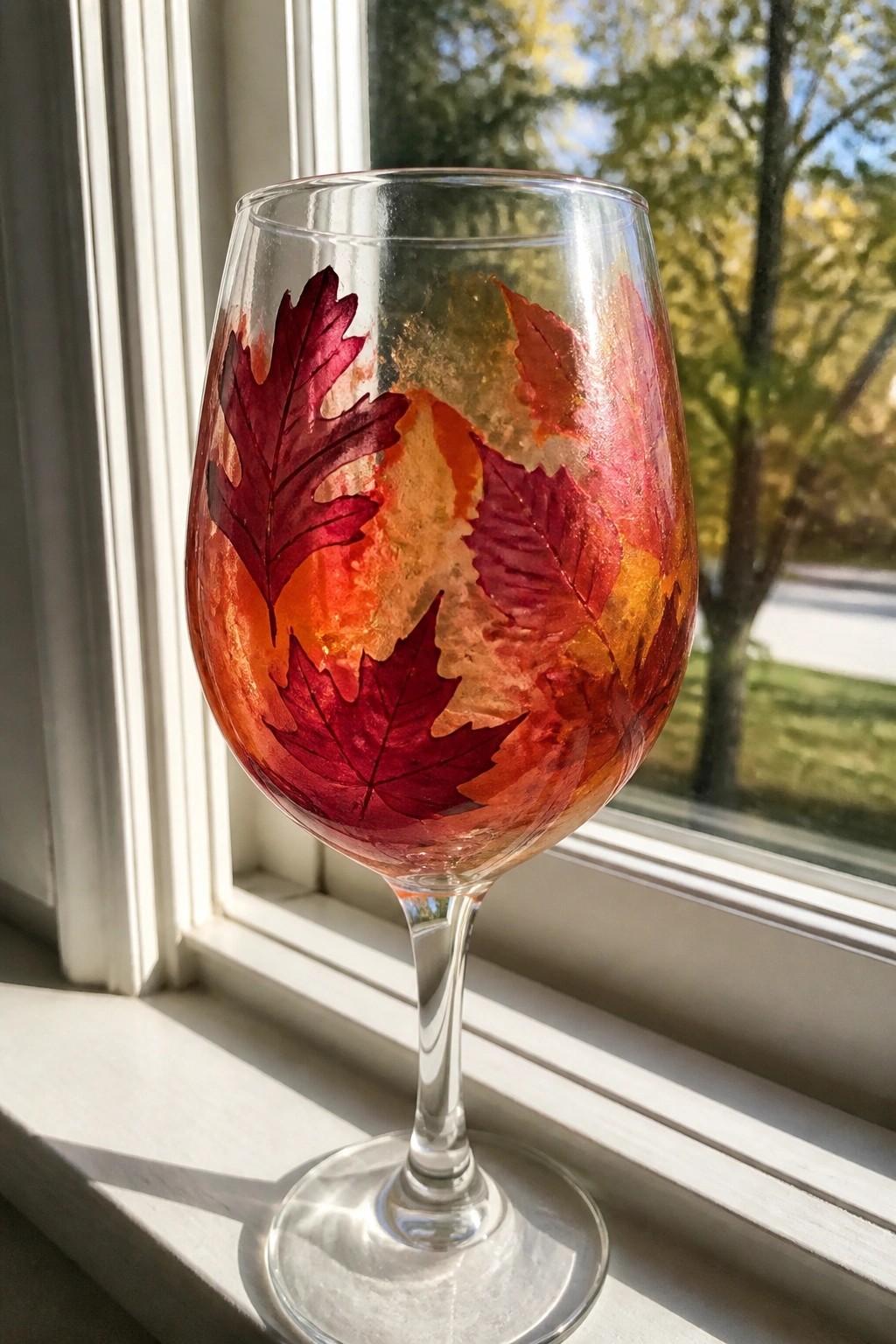 Wine glass with vibrant red and orange fall leaves on sunny windowsill