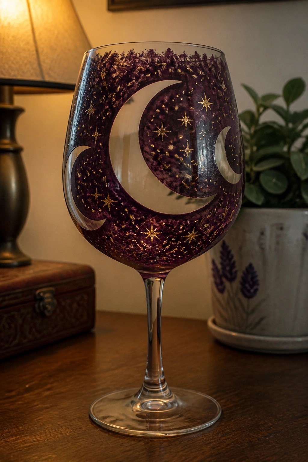 Ornate wine glass with purple glitter moons, stars on wooden table.