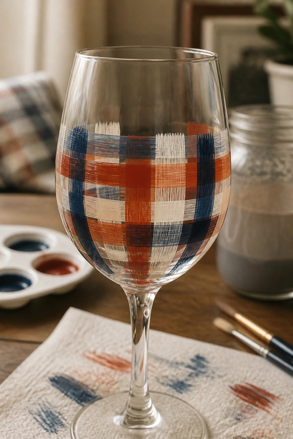 Wine glass with hand-painted blue, orange, and white plaid design on stem.