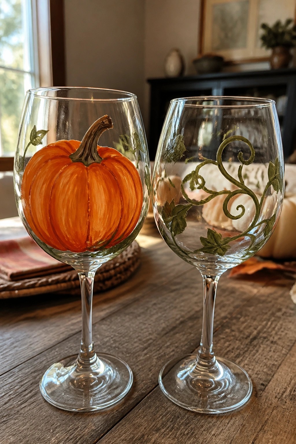 Two wine glasses on wooden table, one with orange pumpkin, other with green vines.
