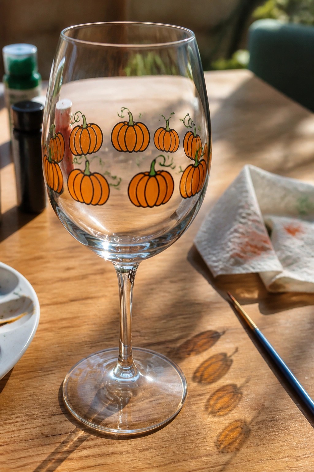 Wine glass with orange pumpkin designs on wooden table amid paint supplies