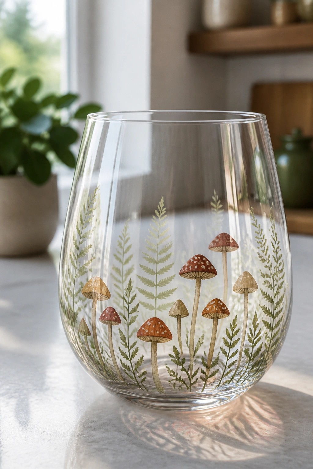 Clear glass tumbler painted with mushrooms and green ferns on marble surface