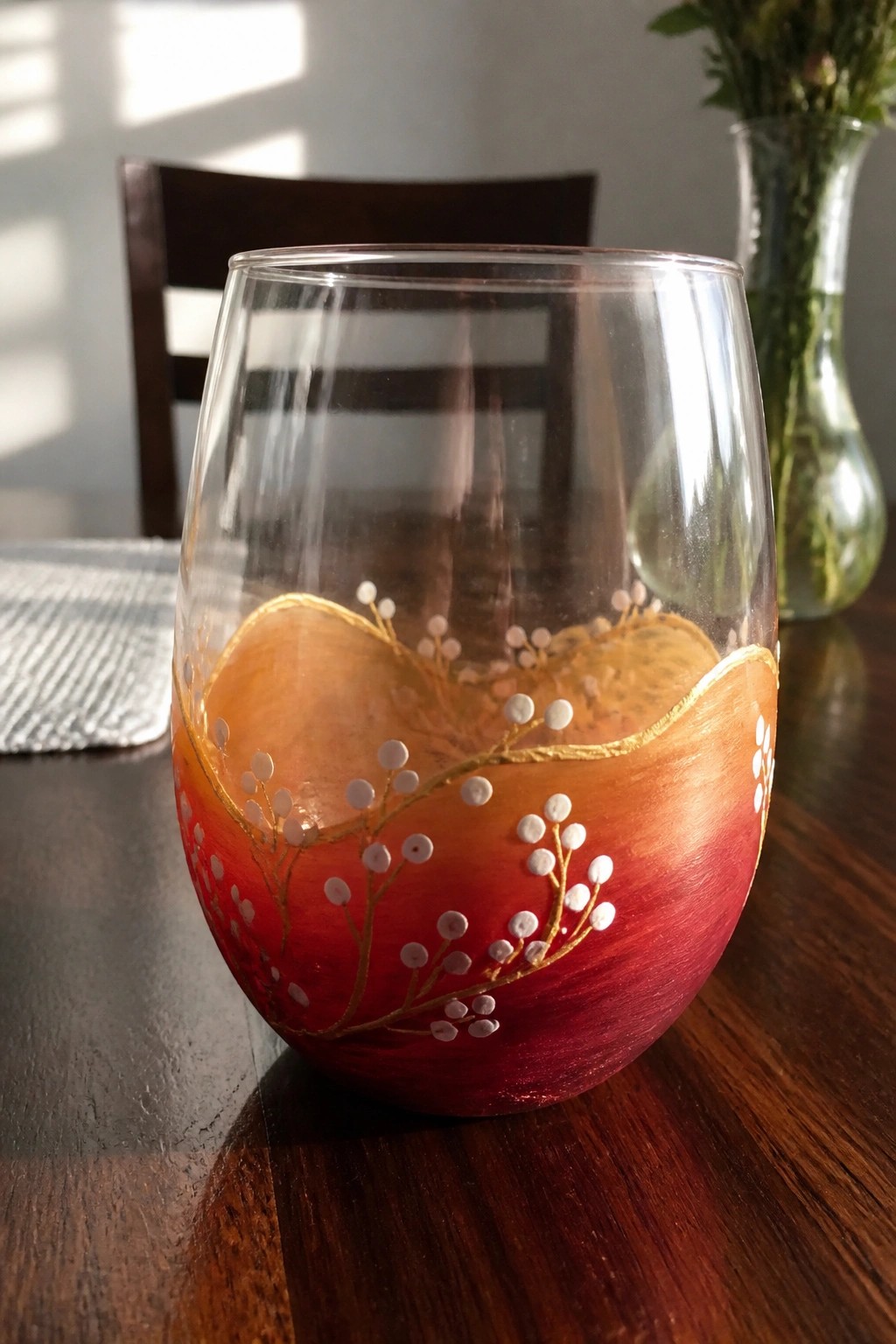 Stemless wine glass with red-orange gradient, gold branches, and white dots on wooden table
