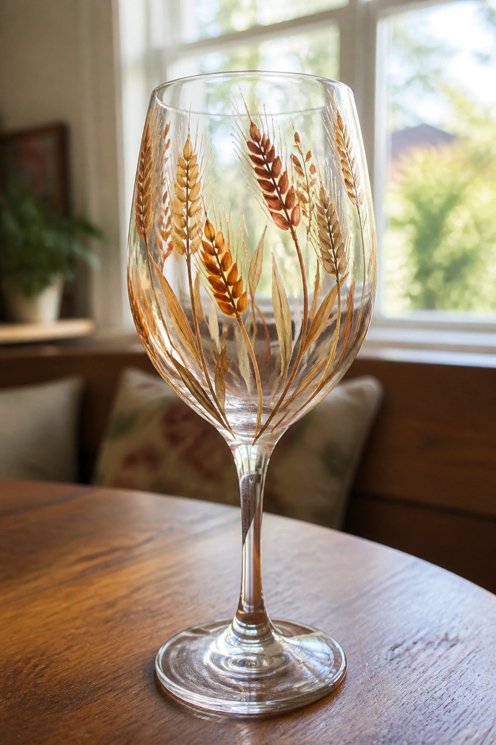 Stemmed wine glass with hand-painted golden wheat stalks on wooden table