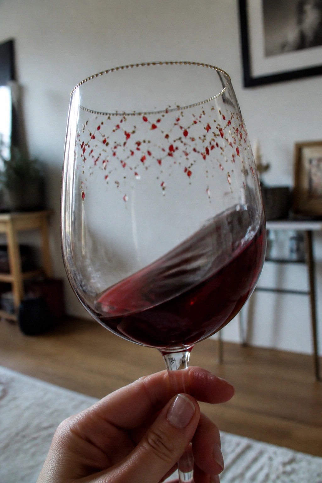 Hand holds ornate wine glass with red-gold rim and swirling red wine.