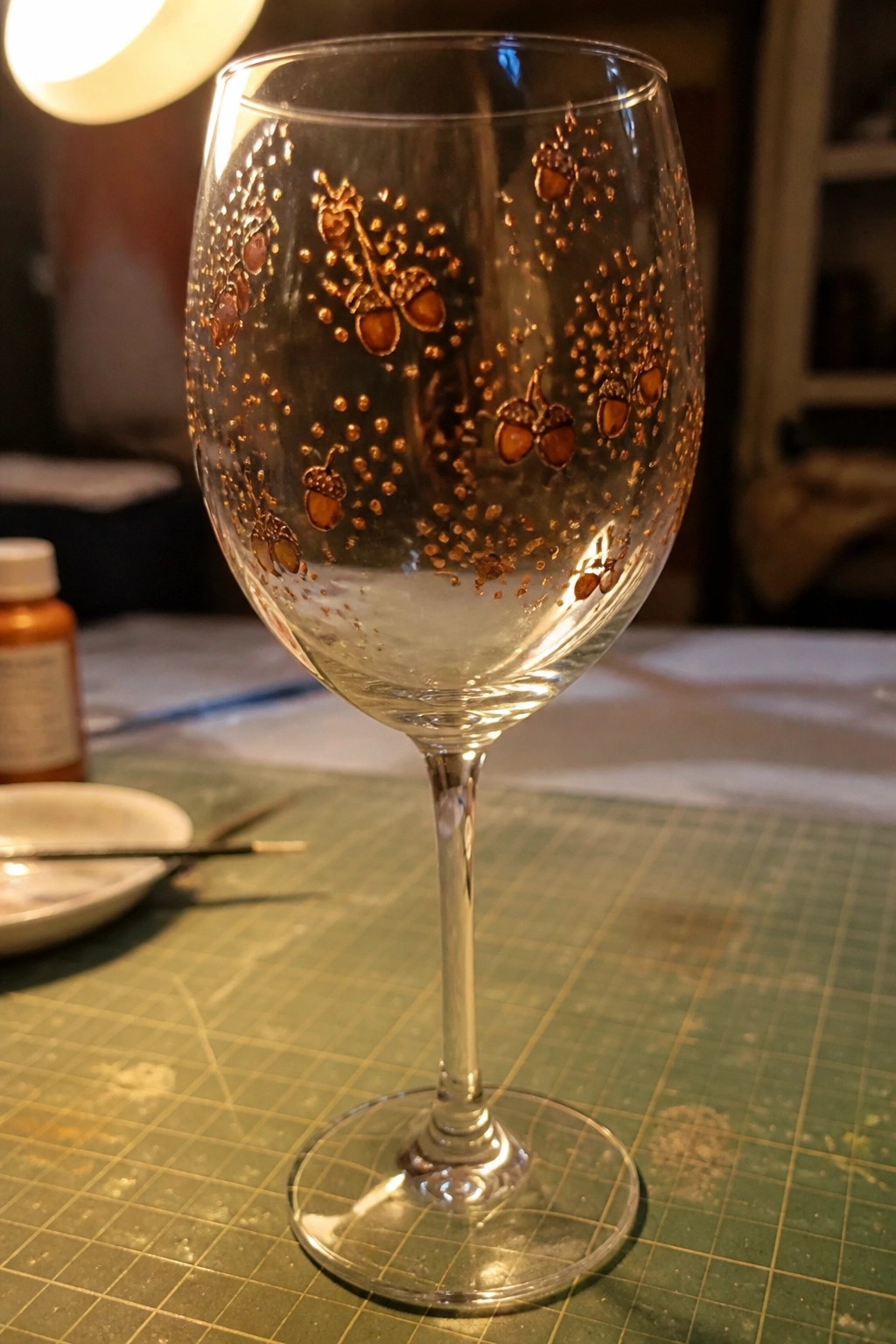 Wine glass with copper acorn designs on green cutting mat amid supplies