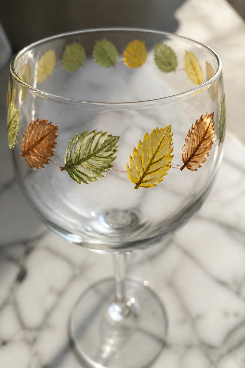Wine glass with hand-painted autumn leaves in yellow, green, and brown on marble.
